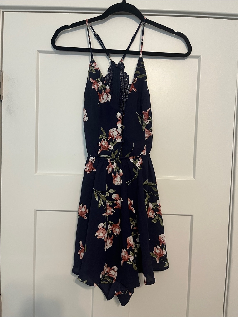 Windsor Small Floral Navy Lace-Trim Spaghetti Strap Romper Like New Cottagecore